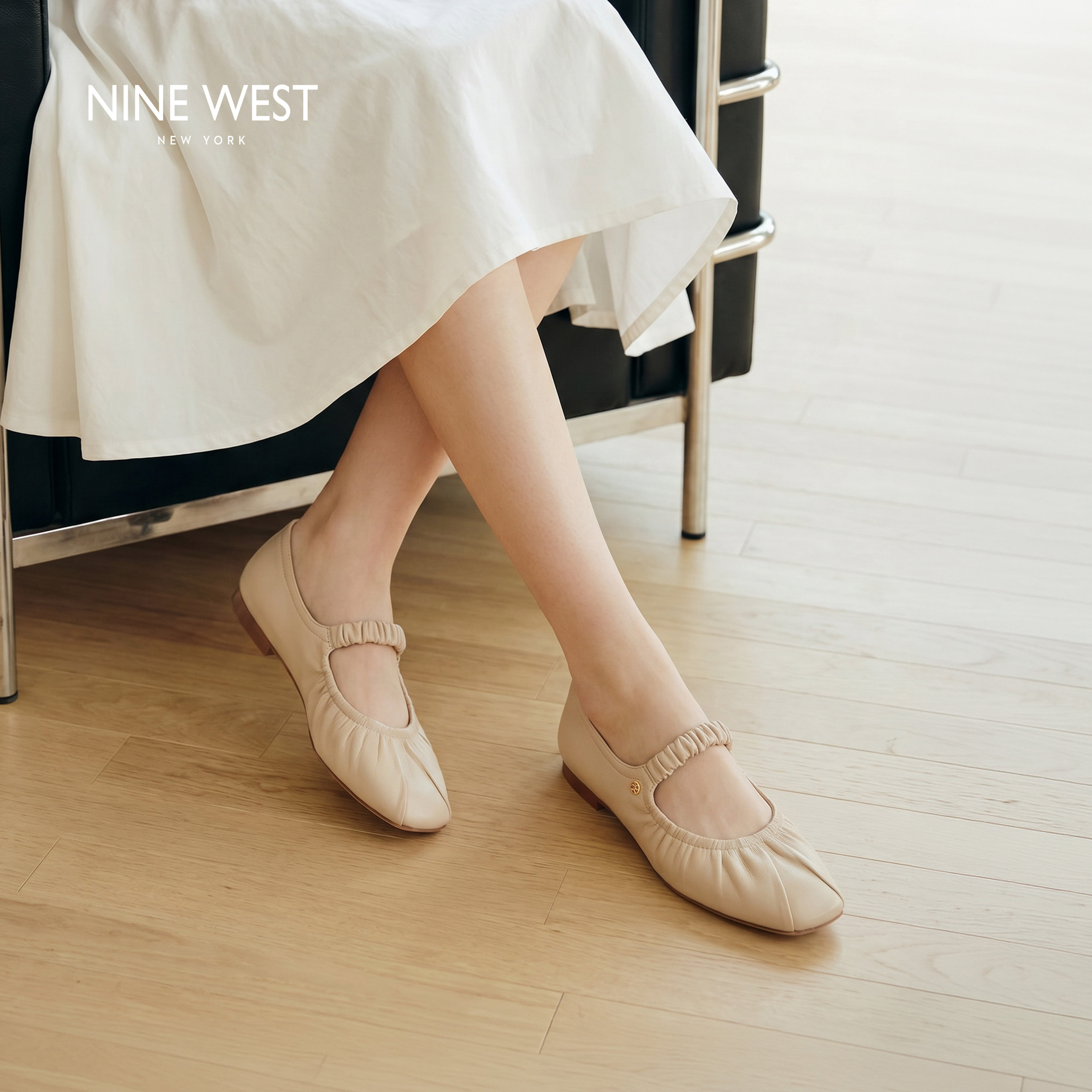 Nine West/玖熙软皮褶皱粗跟玛丽珍鞋女款方头浅口百搭通勤女单鞋