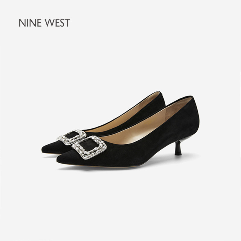 Nine West/玖熙星芒梦境水钻方扣真皮小猫跟夏季新款浅口高跟鞋女