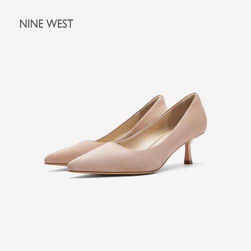 Nine West/玖熙粉色高跟鞋女夏季新款羊反绒尖头细跟约会单鞋