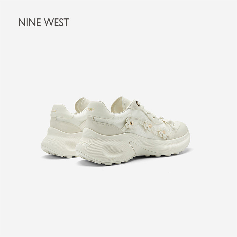 Nine West/玖熙立体花朵厚底老爹鞋女暗纹提花缎带蝴蝶结增高休闲