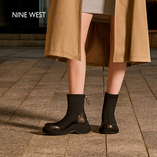 Nine West/玖熙弹力布拼接包头袜靴女异形厚底通勤显瘦侧拉链短靴