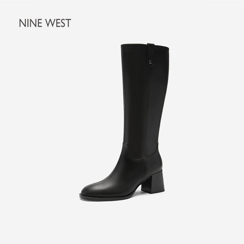 Nine West/玖熙圆头粗跟不过膝靴女黑色侧拉链骑士靴通勤高筒皮靴