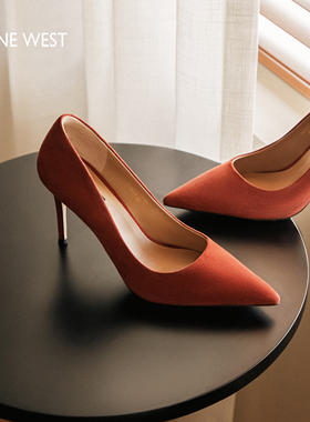 Nine West/玖熙太妃糖红色尖头高跟鞋女秋新款配裙子宴会单鞋
