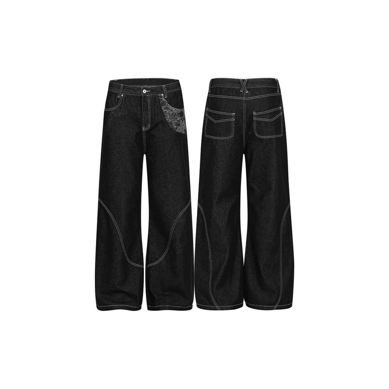 美式复古蛇迹原牛窄幅赤耳烧花微喇牛仔裤男提花拼接裤子直筒长裤