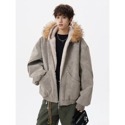 座山雕冬季加棉外套男生新款连帽宽松棉服帅气青少年保暖棉衣夹克