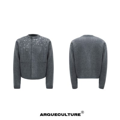 韩系白色细闪镶钻毛衣开衫男款秋季痞帅高级感cleanfit针织衫外套