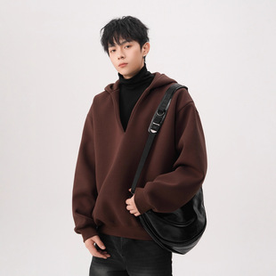 美式假两件深V领连帽卫衣男秋季慵懒风长袖外套百搭休闲情侣帽衫