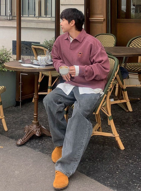 MYQ设计感翻领套头卫衣男春季宽松刺绣上衣韩版潮流长袖polo衫