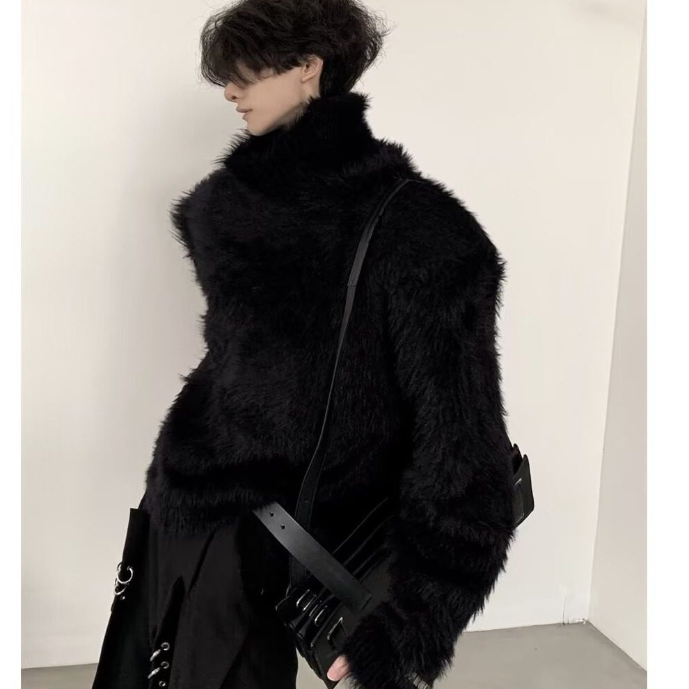 高街水貂毛绒软糯黑色垫肩高领毛衣男冬季慵懒风高级感宽松针织衫