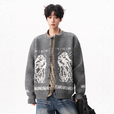 美式费尔岛提花开衫针织外套男女潮牌秋季宽松复古慵懒风百搭毛衣