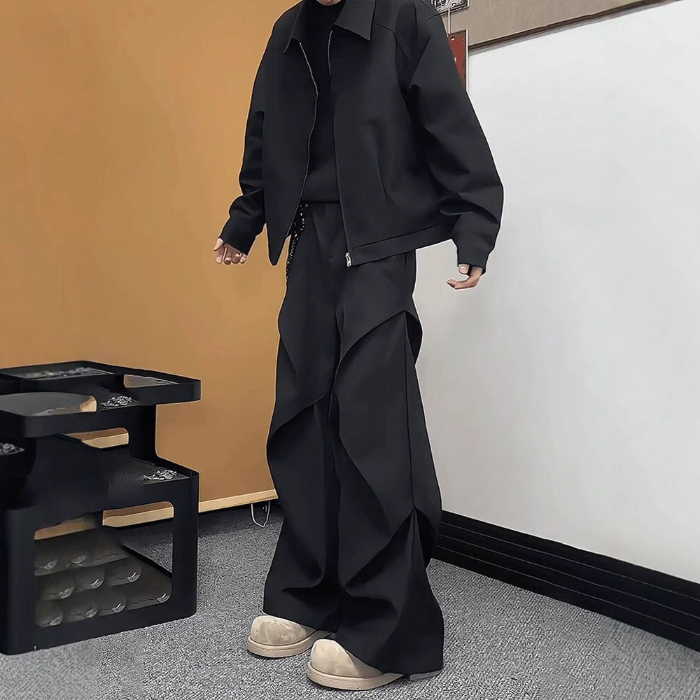 cleanfit黑色微喇西裤垂坠感高级感阔腿裤子男春季褶皱伞兵工装裤