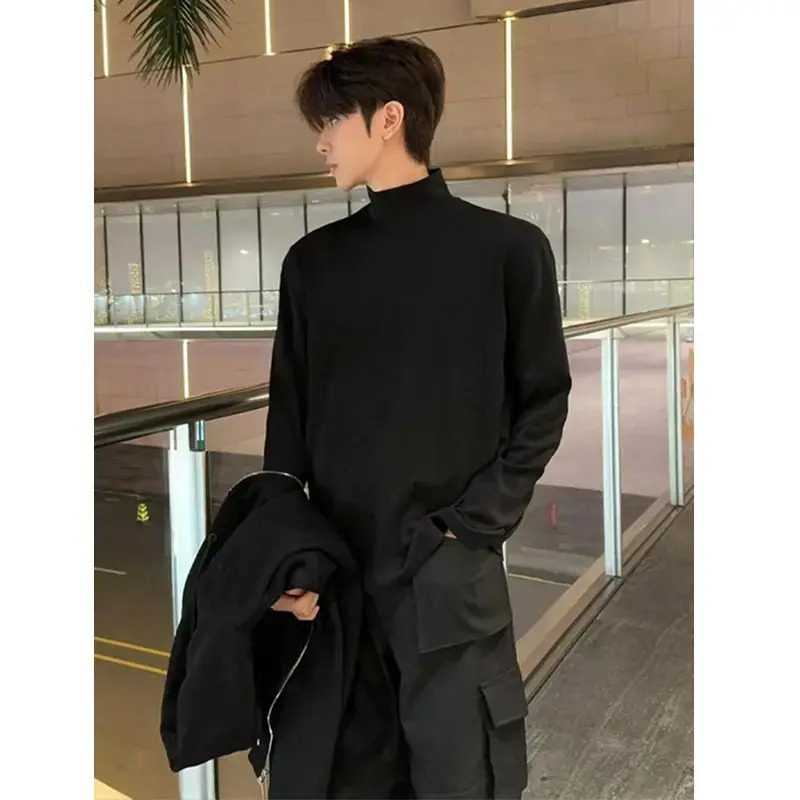 黑色半高领德绒打底衫男款秋冬cleanfit长袖t恤保暖加绒内搭卫衣