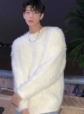 高级氛围感貂绒毛衣男款潮牌ins秋冬季保暖针织衫慵懒风宽松圆领