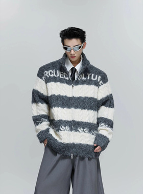 CulturE 小众2025黑白撞色粗针编织开衫宽松秋冬慵懒舒适针织毛衣