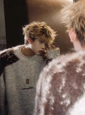 韩系秋冬毛衣男潮牌ins扎染宽松美式圆领复古慵懒百搭情侣针织衫