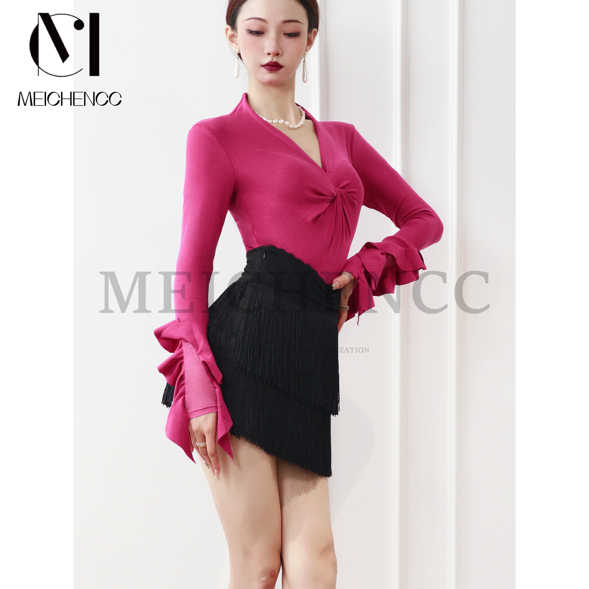 新款美辰舞服2025春夏荷叶袖长袖上衣蕾丝流苏半裙拉丁舞服成人女