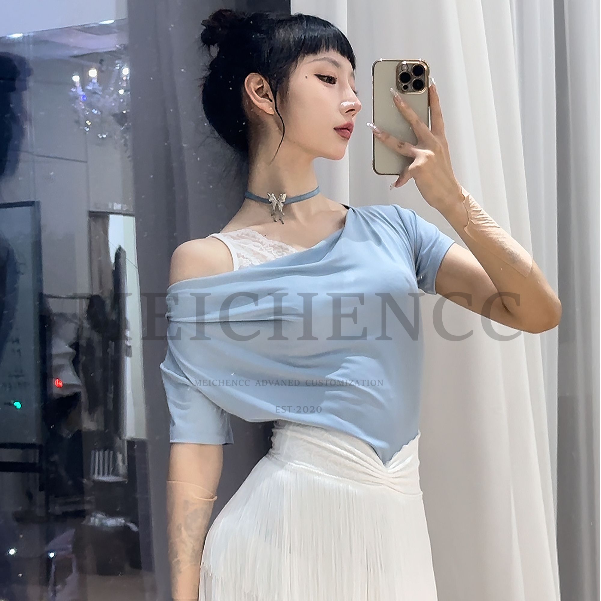 美辰高级感荡领拉丁舞斜肩短袖