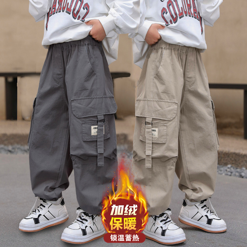 全棉纯棉痞帅风男童工装裤一体绒秋冬款2025新款儿童加绒裤子男孩