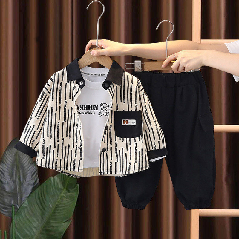 全棉纯棉男童休闲衬衫套装秋装洋气韩版宝宝春秋季三件套婴儿童小