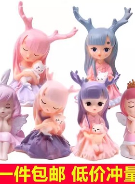 鹿角女孩蛋糕装饰摆件网红幽静之鹿公主抱猫小鹿创意生日烘焙插件