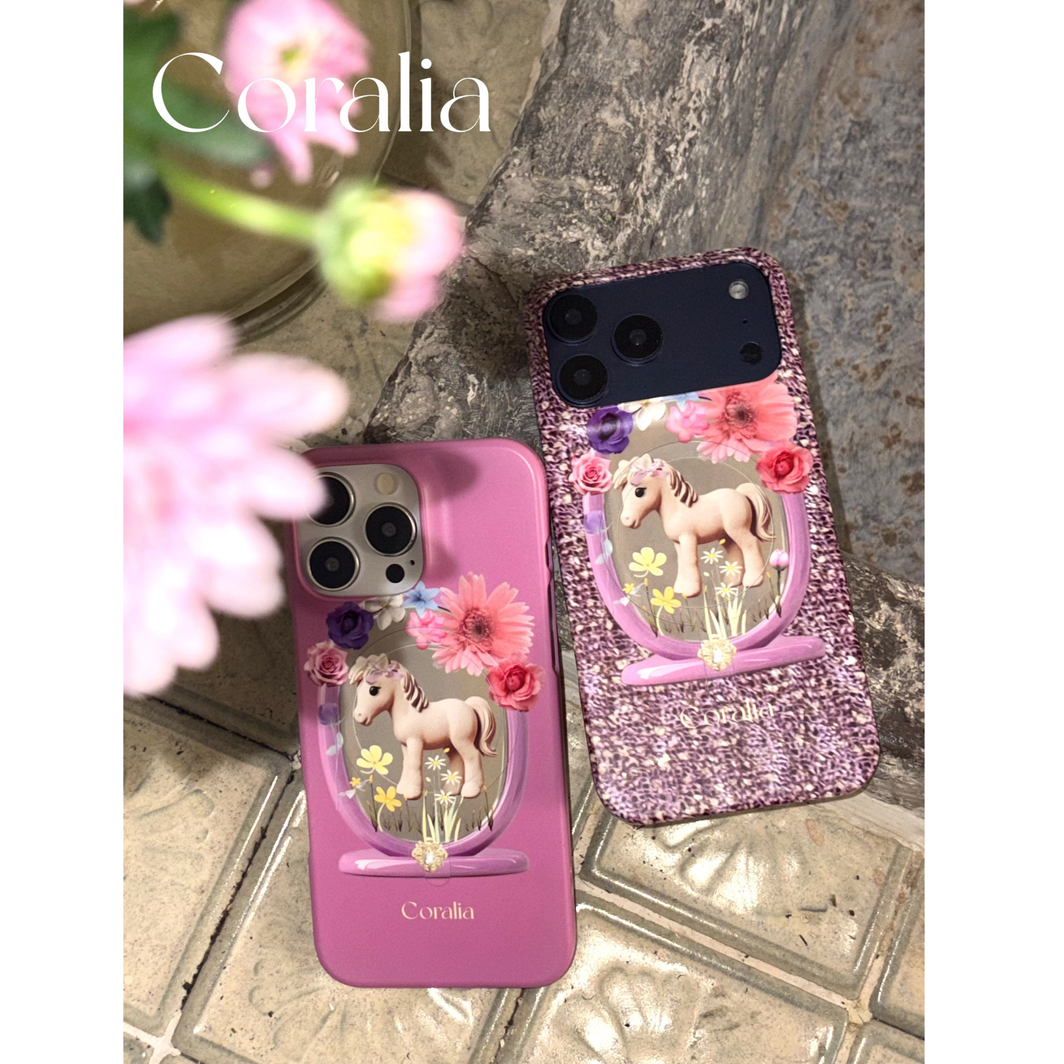 Coralia原创设计“ Wonderland ”梦境小马韩国进口菲林手机壳磁吸款iphone17promax闪粉亮片粉色