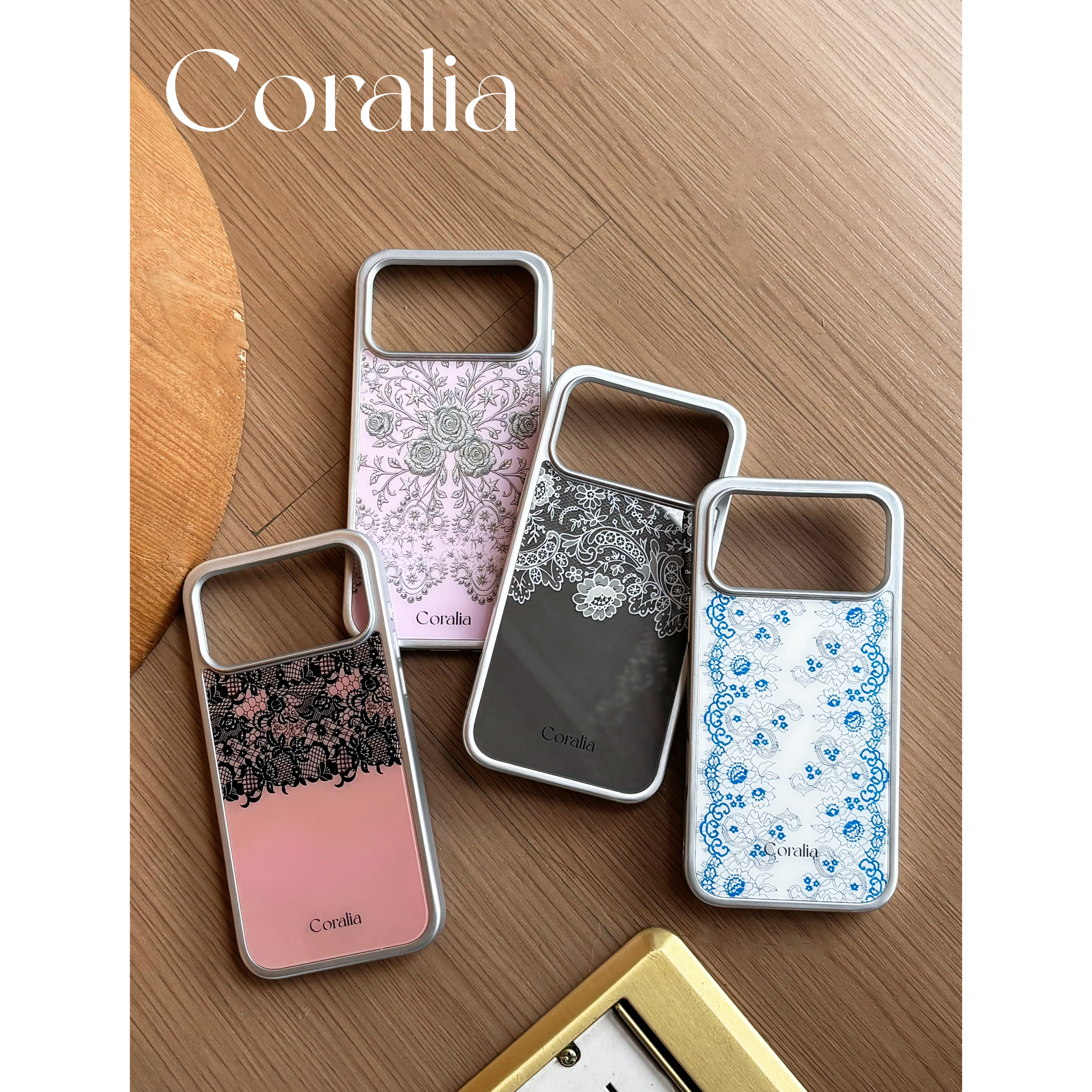 Coralia原创设计绝美优雅蕾丝荆棘玫瑰银边电镀磁吸手机壳亮面全包防摔独家款