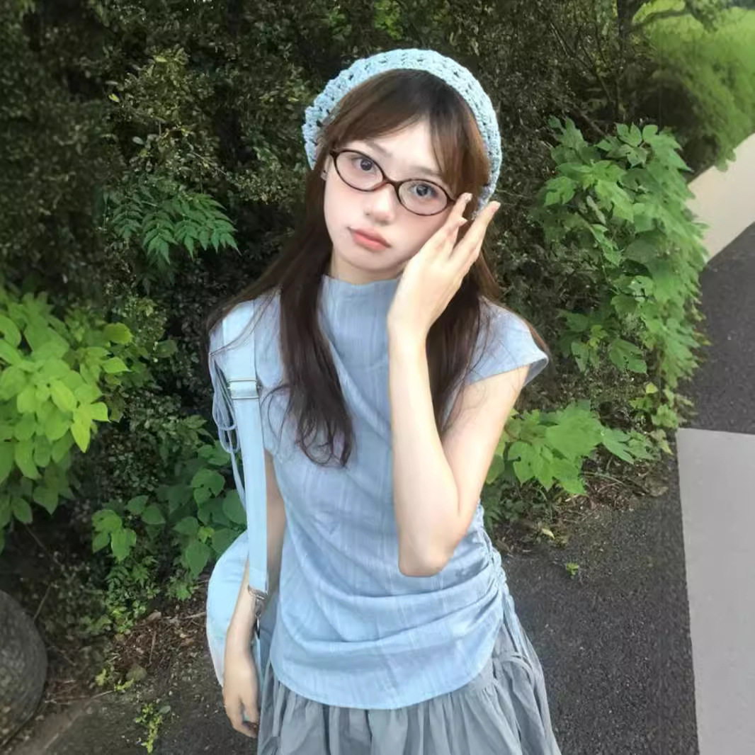 蓝色条纹半高领短袖衬衫女装夏季中长款隐形拉链抽褶绑带修身上衣