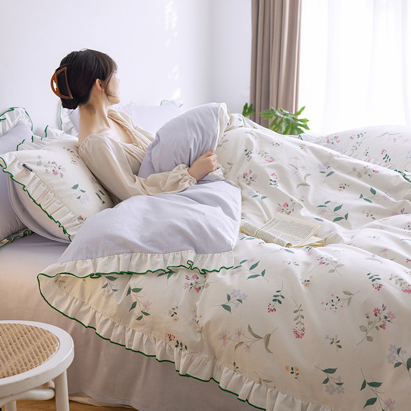 多喜爱法式田园风花卉套件纯棉四件套荷叶边三件套床单被套田野