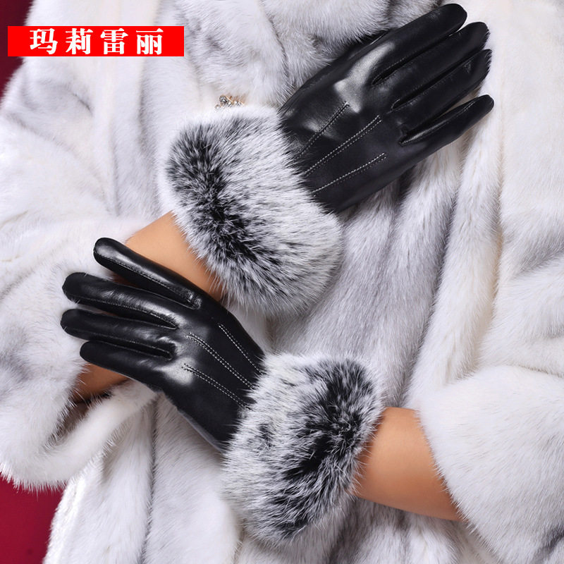 皮手套女冬季加厚保暖 獭兔毛口 头层羊皮 女式骑车手套