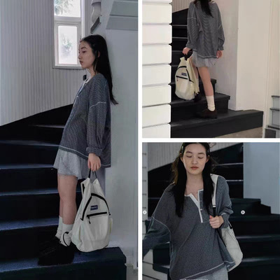 现H2026冬季新款韩国东大门vi*plain亨利领撞色条纹长袖T恤上衣女