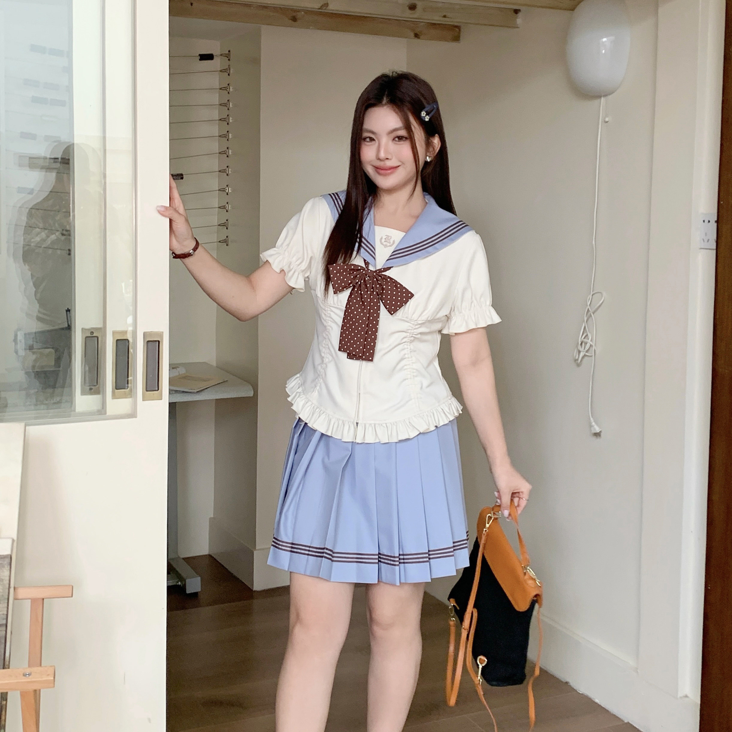 大码JK收腰水手服显瘦百褶裙套装图片