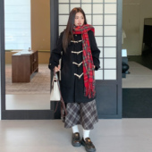 jk原创日系学院风正肩牛角扣大衣加厚中长款 阿车家 大码 毛呢外套