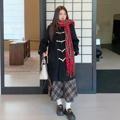 阿车家的大码jk原创日系学院风正肩牛角扣大衣加厚中长款毛呢外套