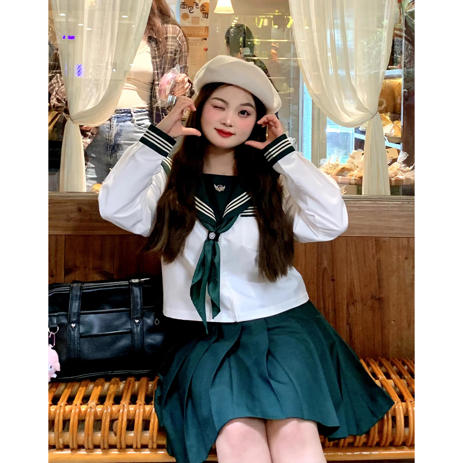 jk制服绿三本水手服胖mm