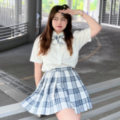 格裙宽松上衣女 jk原创奶白衬衣百褶裙百搭长短袖 大码 衬衫 阿车家