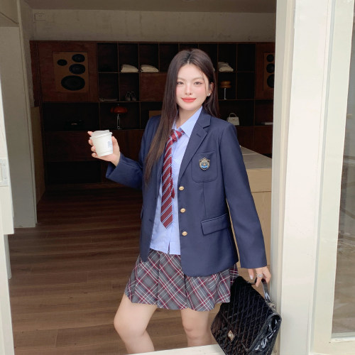 阿车家的大码jk胖mm原创学院风三粒扣西服外套长袖衬衫短裙套装女