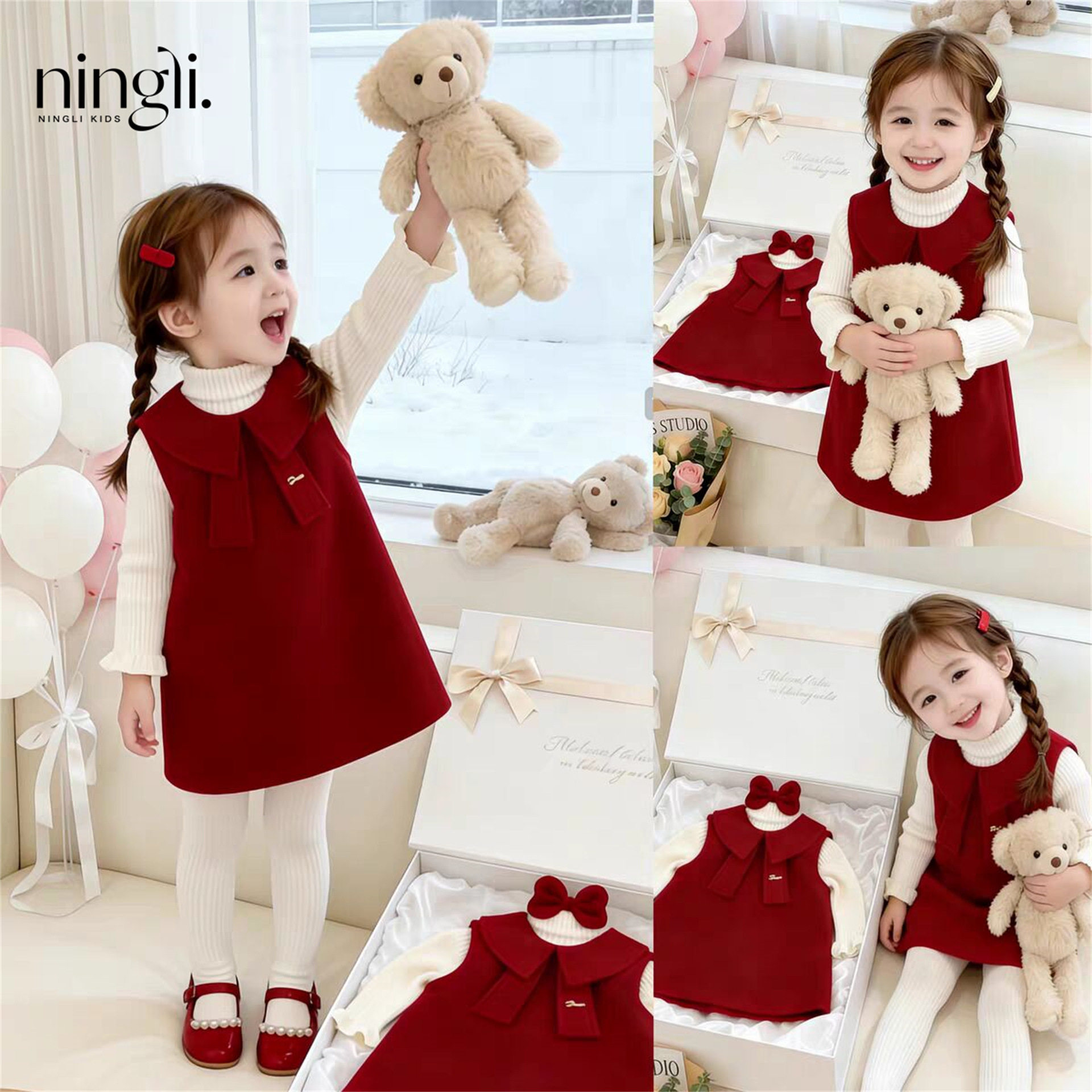 柠里高端背心女童红色结冬装裙过年周岁生日礼服女宝宝拜年服