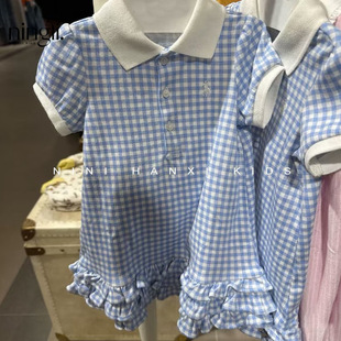 春夏季 女孩洋氣小眾polo領連衣裙 女童藍格花邊公主裙新款 檸里童裝