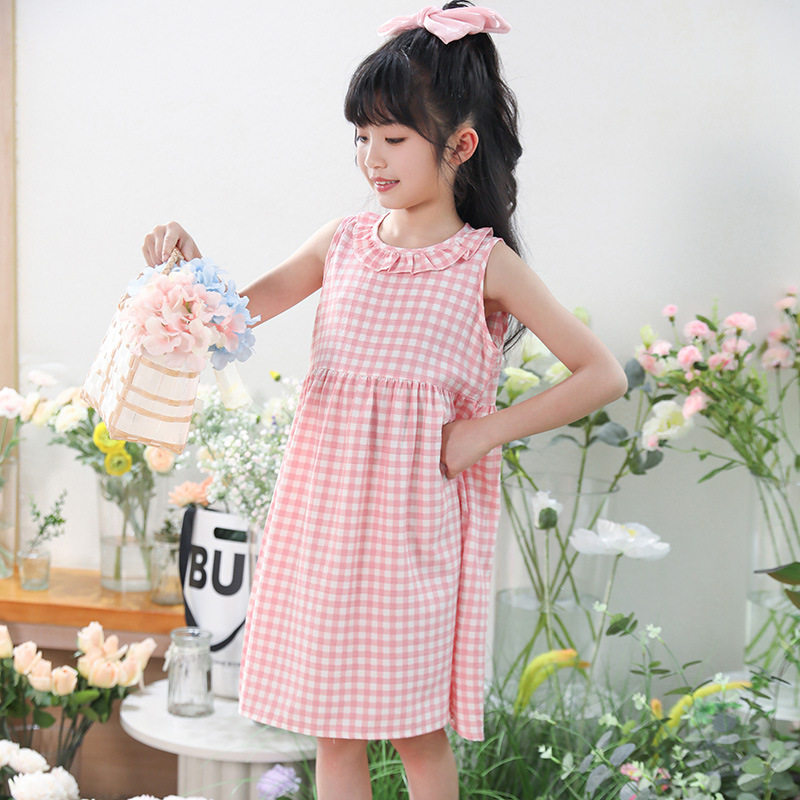 女童连衣裙时髦夏季女宝洋气甜美家居裙儿童碎花绉连衣裙格子泡泡