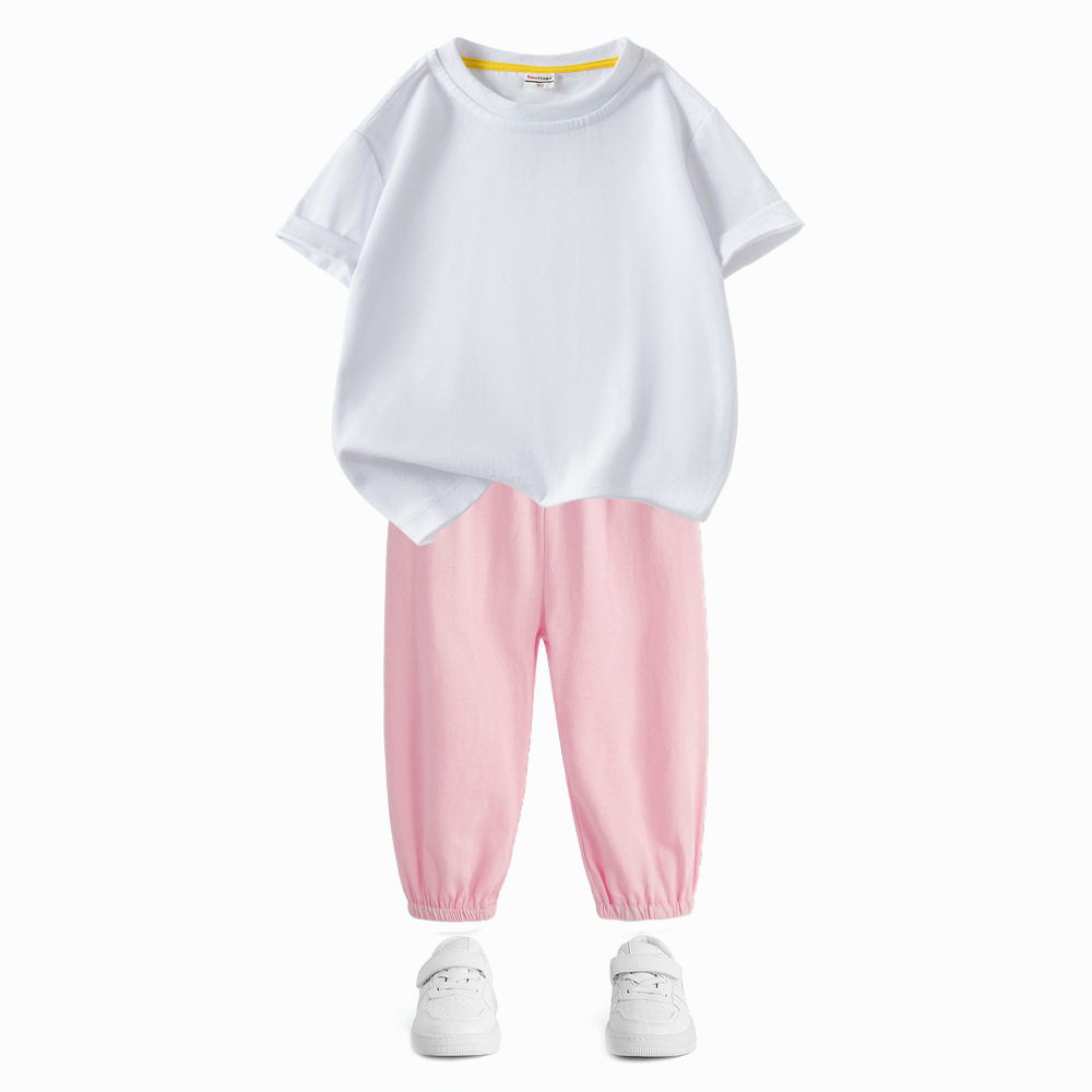 男女童夏季套装儿童件套夏装新款短袖t恤防蚊裤两纯棉可来图制做