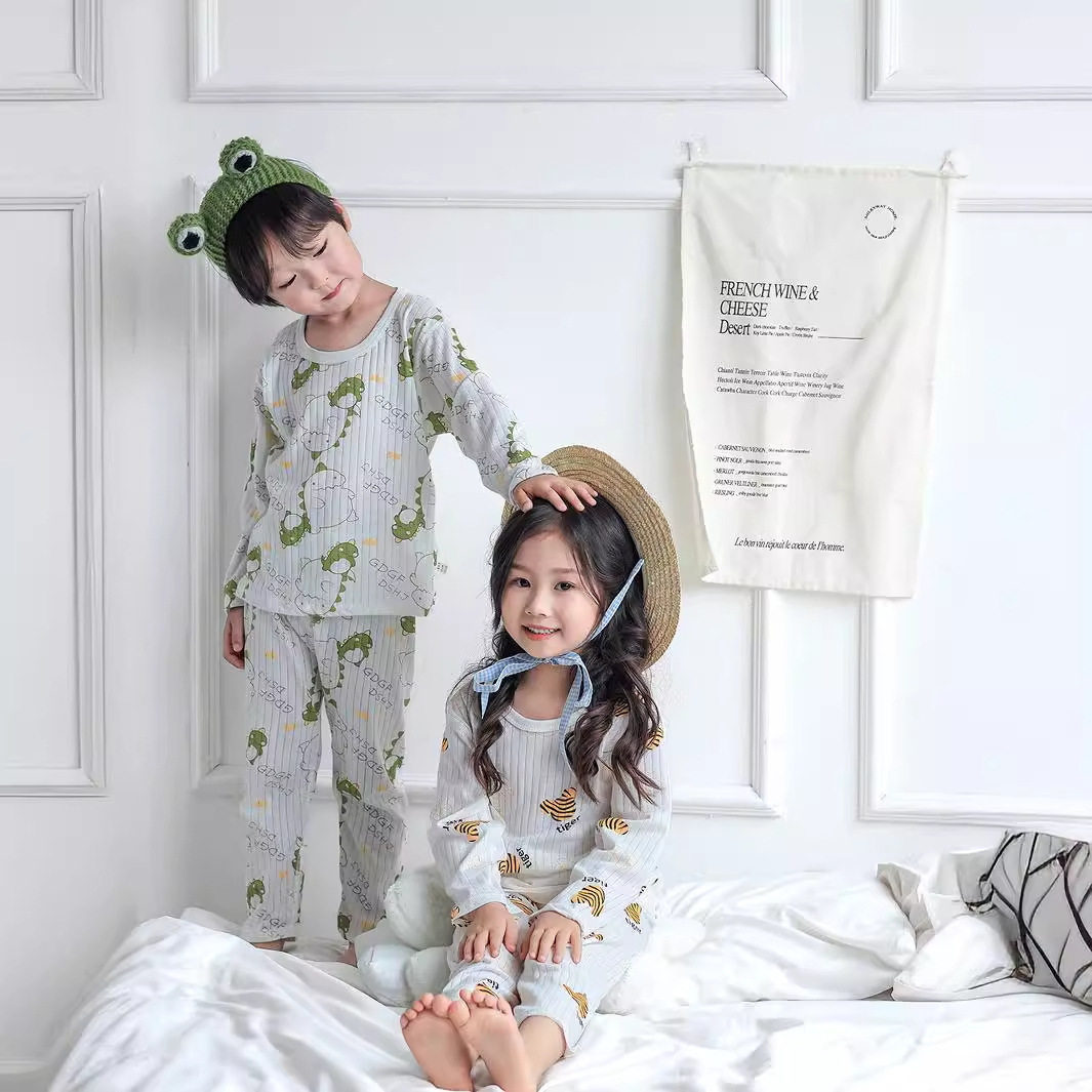 儿童女童纯棉空调服男童家居服睡衣套装a类夏长袖无骨薄全棉