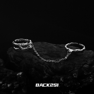 小众链条双指开口戒指女个性ins冷淡风简约甜酷潮流锡纸纹理指环