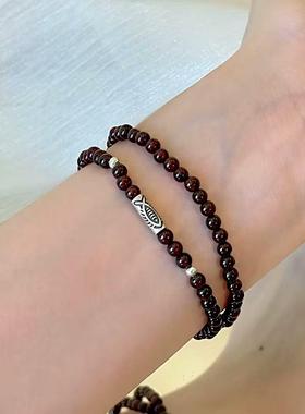 普陀山文创集天然双圈小鱼石榴石手串S925银手炼情侣生日送礼物