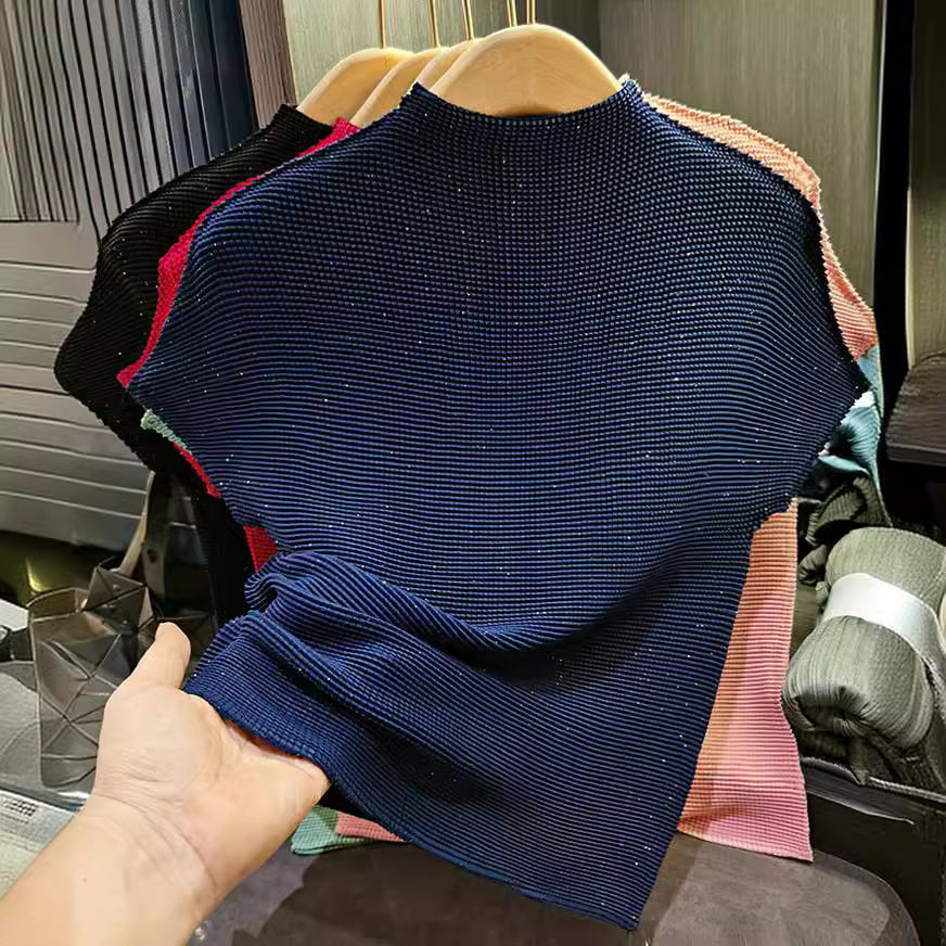 新工艺亮粉褶皱小立领玉米粒女士