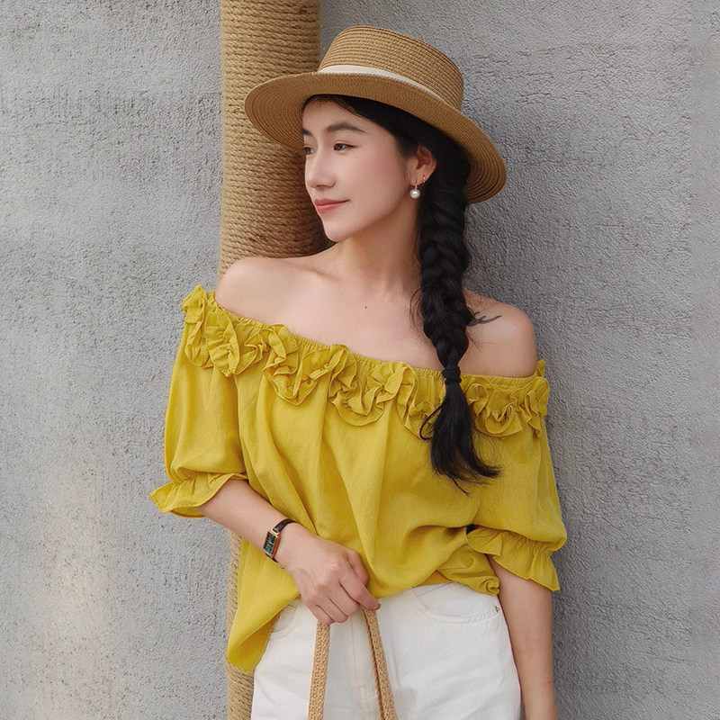 高级感荷叶边纯色一字肩衬衫女洋气短袖减龄小衫时尚别致套头上衣