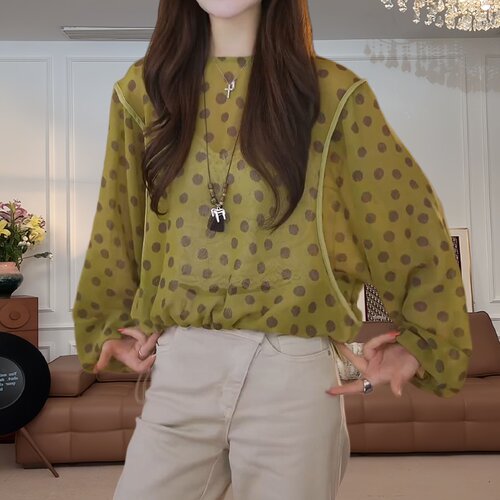 法式复古时尚波点长袖T恤女春夏