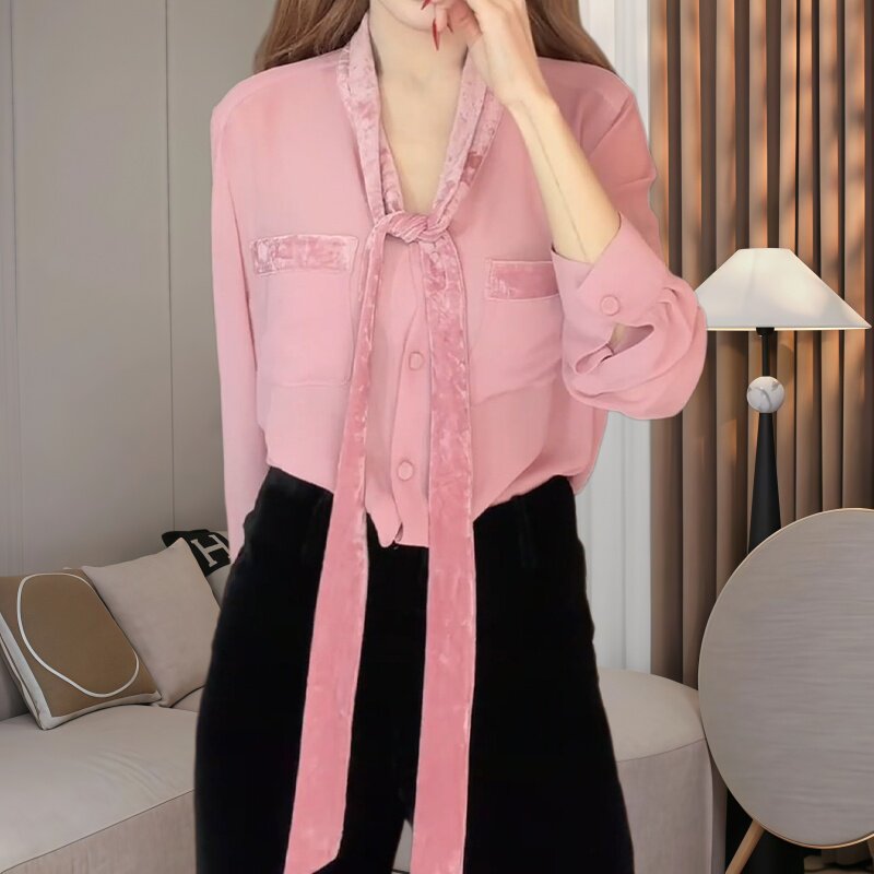 韩系时尚减龄粉色V领系带衬衫女春夏轻薄气质设计感宽松百搭上衣