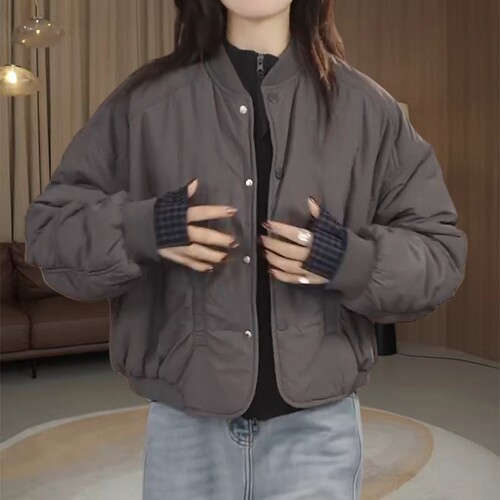 韩系小个子抽褶设计纯色棉服外套