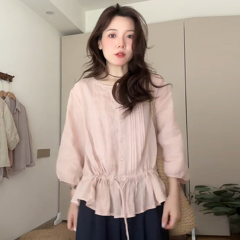 韩版显瘦抽褶荷叶边下摆衬衫女超好看宽松独特减龄圆领上衣衬衣潮