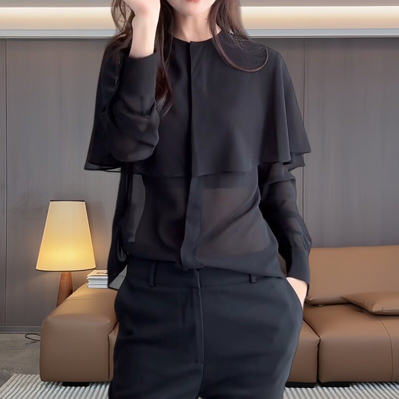 法式时髦洋气披肩式衬衫女春夏季黑色高级感大码宽松显瘦百搭上衣